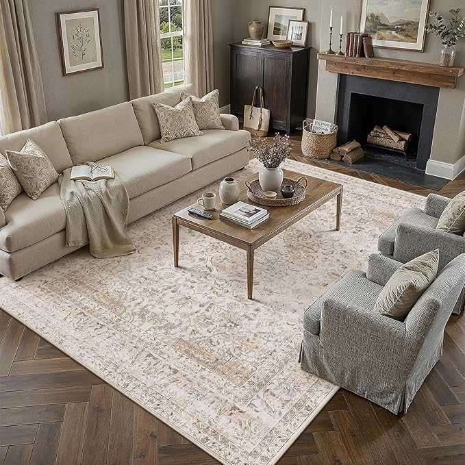 12x15 Washable Area Rug Beige Vintage Non Slip Soft Low Pile Rug for Living Room Bedroom Dining Room Office Distressed Oriental Indoor Extra Large Throw Carpet for Home Decor
