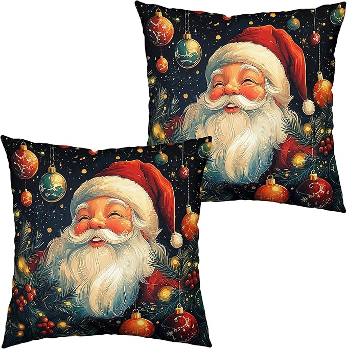 Christmas Santa Pillow Covers Xmas Throw Pillow Covers 20x20 Set of 2 Black Red Holiday Pillowcase Double Sided Printing Cotton Linen Cushion Case for Living Room Sofa Couch