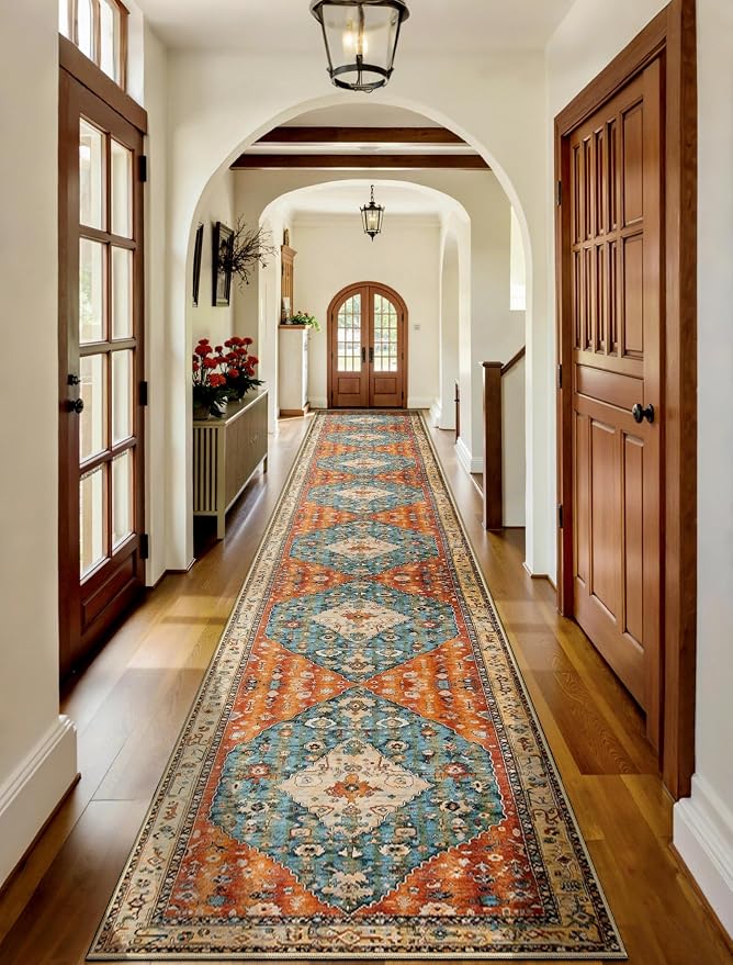 SERISSA Runner Rug for Hallways, 2'6"x18' Washable Non Slip Kitchen Runner Rug, Extra Long Boho Rug Ultra Soft Vintage Tribal Print Floor Carpet for Hallway Living Room Dining Room Bedroom