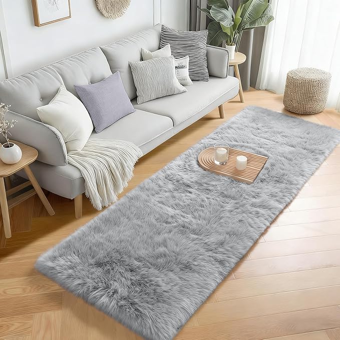 PAGISOFE Grey Runner Rugs for Hallway 2x6 Ft, Super Soft Fluffy Rug Home Decor Aesthetic, Fuzzy Plush Long Bedside Rugs, Plush Shag Carpet for Bedroom, Kids Room, Teen Dorm Nursery Room Decor