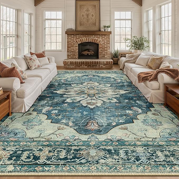 RELEANY Area Rugs 10'x14' Washable Non-Slip, Floral Vintage Distress Print Pattern Medallion Carpet for Living Room Bedroom Dining Room, Dark Blue Vintage