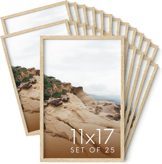 Haus and Hues 11x17 Natural Oak Wood Picture Frames Set of 25 - Premium Bulk Picture Frames 11x17 Bundle - Elegant Gallery Wall Frame Set for Posters, Art Display - Ideal for Wall Decor in Home &