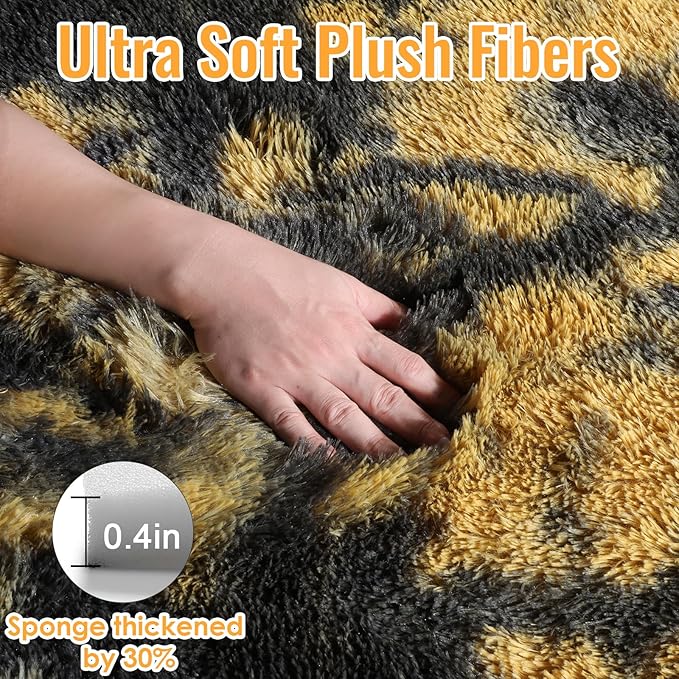 PAGISOFE 4x6 Black and Yellow Bedroom Rugs, Fluffy Modern Living Room Area Rug, Fuzzy Shaggy Carpet, Indoor Plush Rugs for Kids Room Furry Floor Rug for Boys Room Decor Carpet for Teen Dorm Nursery