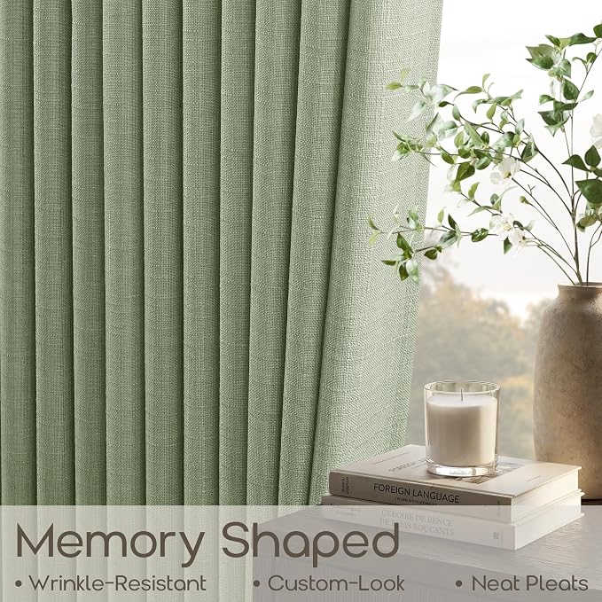 Sage Green 90 Inches Pinch Pleat Curtains 2 Panels Set Semi Sheer Memory Trained Shaped Linen Textured Pleated Drapes for Track System Farmhouse Aesthetic Curtains for Bedroom Living Room 90 Inch Long