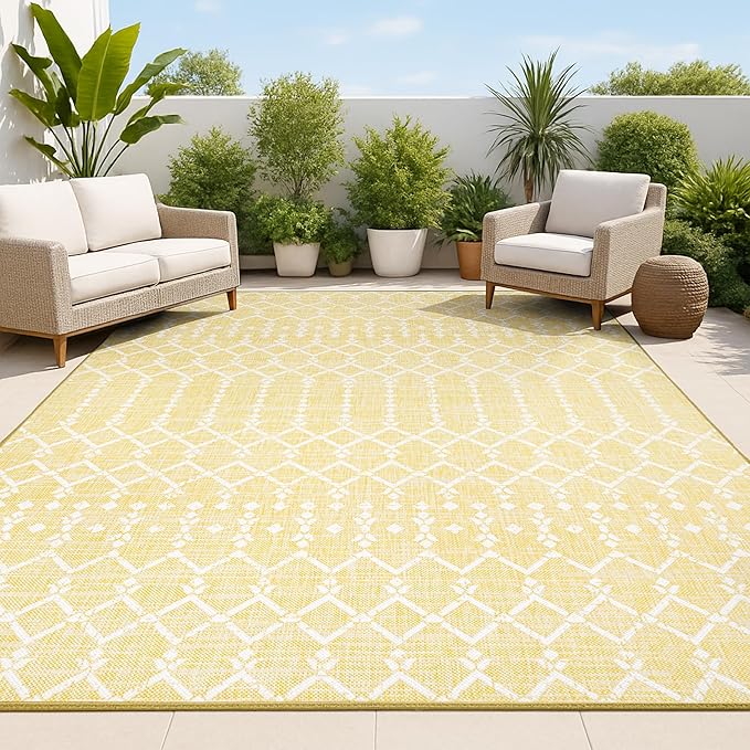JONATHAN Y Moroccan Geometric Indoor Outdoor Area Rug 8X10 Yellow/Cream, Ourika Textured Weave for Backyard, Patio, Porch, Easy-Cleaning, High Traffic, Pet-Friendly, Non-Shedding (SMB108G-8)