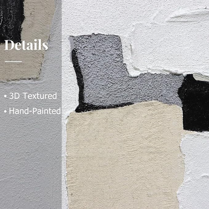 Neutral Abstract Wall Art Hand Painted, 3D Textured with Fabric Wall Decor, Modern Minimalist Framed Canvas Painting, Black White Geometric Artwork for Home Office Living Room Bedroom, 24"x36"x2