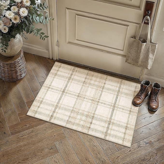 2x3 Beige Area Rug for Entryway Machine Washable Low Pile Checkered Mat Modern Accent Soft Non Slip Small Carpet for Entrance Bathroom Bedroom Indoor