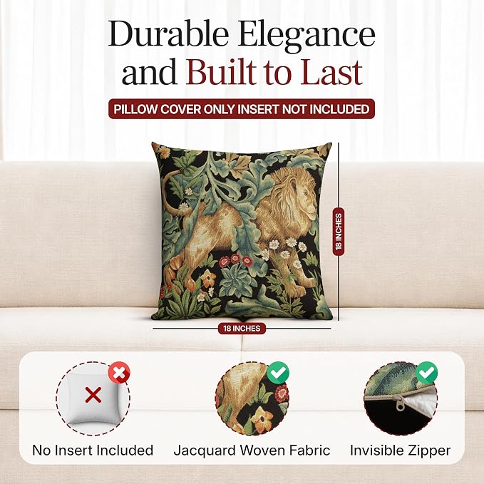 Charlotte Home Furnishings Inc Black Lion Throw Pillow Covers 18x18, European 100% Cotton Jacquard Woven Fabric, Boho & Vintage Inspired Decorative Cushion for Living Room and Sofa
