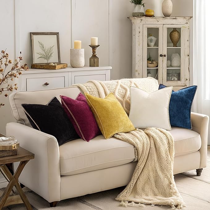 decorUhome Chenille Soft Cozy Throw Pillow Covers 20x20 Set of 2, Modern Farmhouse Boho Velvet Decorative Pillow Cases with Stitched Edge for Couch Sofa Bed Home Decor, Rhododendron