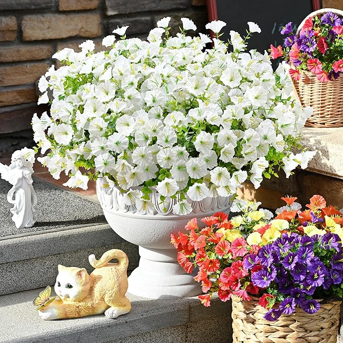 Waipfaru 24 Bundles Artificial Flowers for Outdoors Faux Plants Outdoor, UV Resistant Artificial Plants, Silk Petunias Fake Flowers for Outside Home Decor Planter Porch Decoration, White