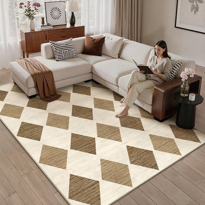 PureCozy 5x7 Checkered Area Rugs for Living Room Brown Machine Washable Large Rug Non-Slip Stain Resistant Low Pile Boho Accent Indoor Throw Carpet for Office Bedroom Dining Room Classroom