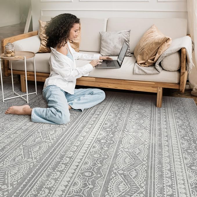 Tortania Area Rug Living Room Rugs - 5x7 Washable Large Soft Neutral Boho Moroccan Bohemian Farmhouse Rug Indoor Floor Carpet for Bedroom Under Dining Table Home Office Decor - Neutral Grey
