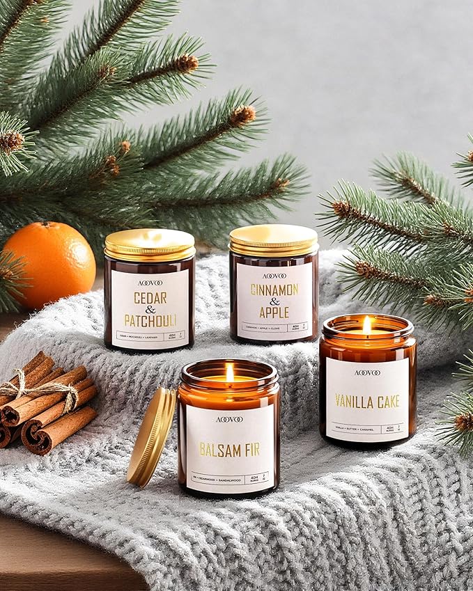 AOOVOO Christmas Candle Set - 4PC Scented Candles, 28 oz Soy Candles, Soy Candle for Home Scented, Balsam Fir/Cedar&Patchouli/Cinnamon&Apple/Vanilla Cake