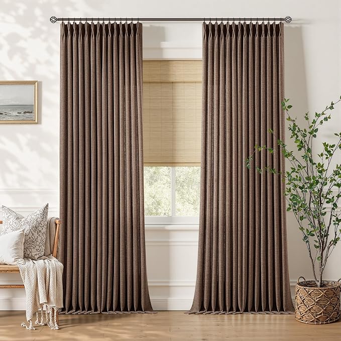 Semi Sheer Thick Linen Curtains 108 Inch Pinch Pleated Dark Brown Memory Shaped Drapes for Track System Back Tab Vintage Rustic Light Filtering Curtains for Living Dining Room Bedroom 108 Inches Long