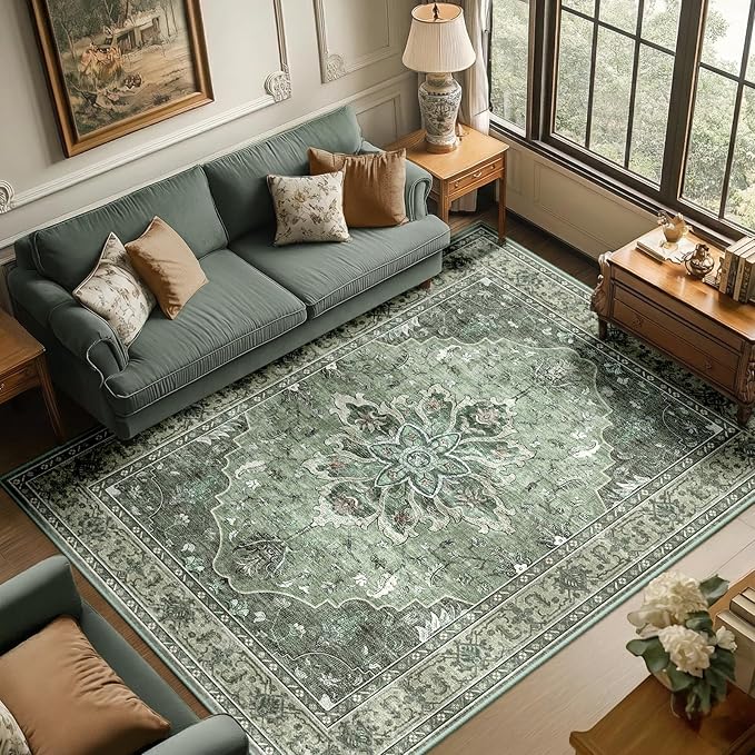 RELEANY Area Rugs 6'x9' Washable Non-Slip, Floral Vintage Distress Print Pattern Medallion Carpet for Living Room Bedroom Dining Room, Dark Green Gray