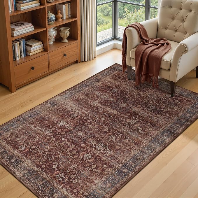 Vintage Red 3x5 Entryway Rug Indoor Foyer, Earth Tone Farmhouse Throw Rug for Kitchen Bathroom, Machine Washable Non Slip Thin Area Rug for Nursery/Bedroom Bedside/Home Office/Dorm, Brick Red