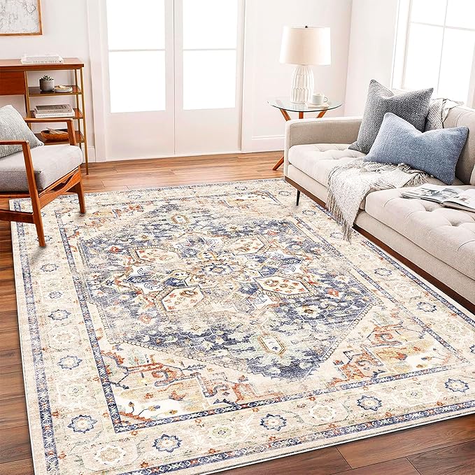 CHAMPLANT Area Rug 6'x9' Blue Khaki Washable Vintage Traditional Floor Cover Thin Retro Kitchen Indoor Distressed Non Slip Carpet Floral for Living Room Bedroom Dining Room