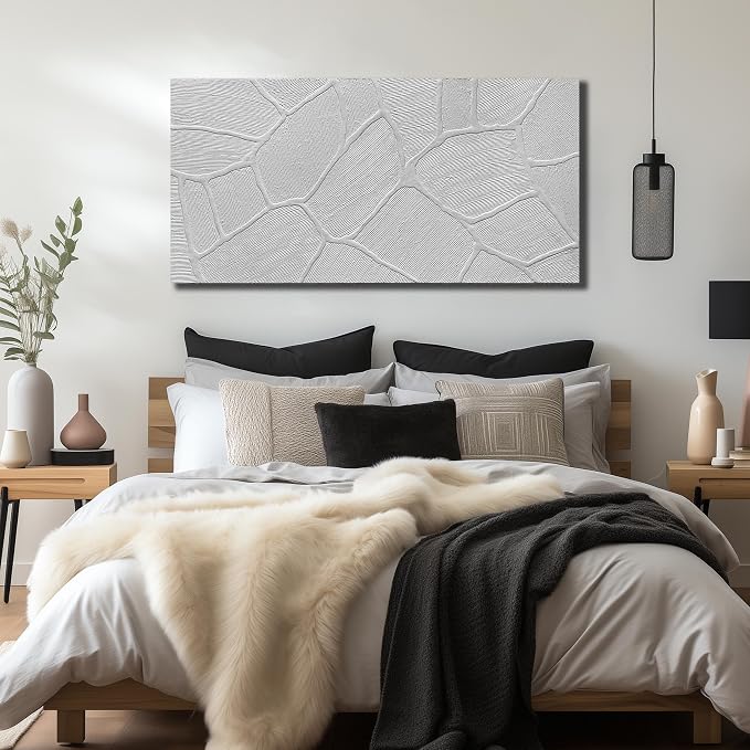 DNIEOTU Abstract Textured Canvas Wall Art for Living Room, White Wall-Decor for Bedroom, Modern Minimalist Geometric Paintings for Hallway Office, Size 47 x 24 Inches Hand Painted