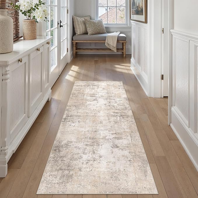2x5 Washable Runner Rug Beige Grey Abstract Non Slip Soft Low Pile Hallway Kitchen Rug Neutral Modern Carpet for Laundry Bathroom Bedroom Living Room Home Decor