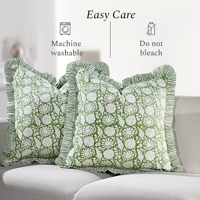 CPC Olive Bloom Hand Block Print 100% Cotton Ruffle Throw Pillow Cover 20x20 inch with Hidden Zipper Decorative for Couch, Bed, Sofa, Farmhouse, Cottagecore Decor Gift Christmas Fall Thanksgiving