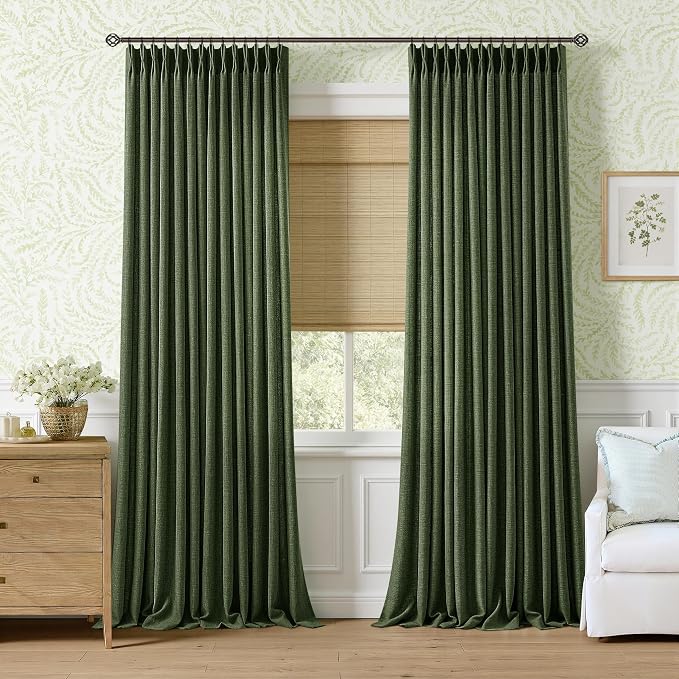 102 Inch Loden Pinch Pleated Curtains for Living Room Neutral Memory Shaped Light Filtering Privacy Olive Green Thick Linen Curtains with Back Tab Farmhouse Semi Sheer Pleat Bedroom Drapes 2 Panels
