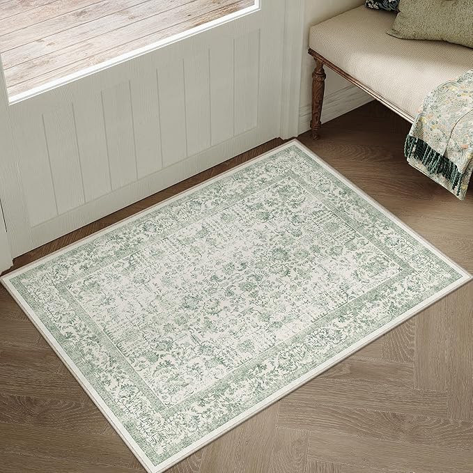 PureCozy Sage Green Area Rug 2x3 Washable Vintage Distressed Entryway Carpet Non Slip Neutral Door Mat Low Pile Retro Floral Farmhouse Accent Throw Small Rug for Bathroom Laundry Kitchen Dining Room