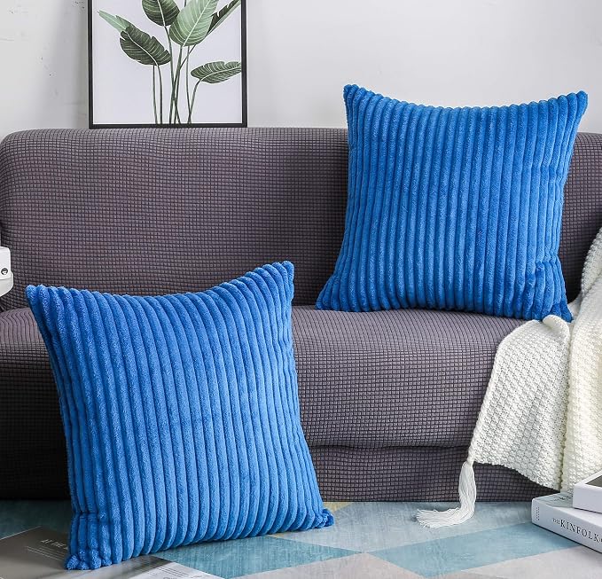TangDepot Velvet Big Corduroy Pillow Covers 26x26 Blue 2-Pack | Soft wide-stripe corduroy pillow cover, hidden zipper, machine washable, easy refresh, for bedroom living room indoor outdoor