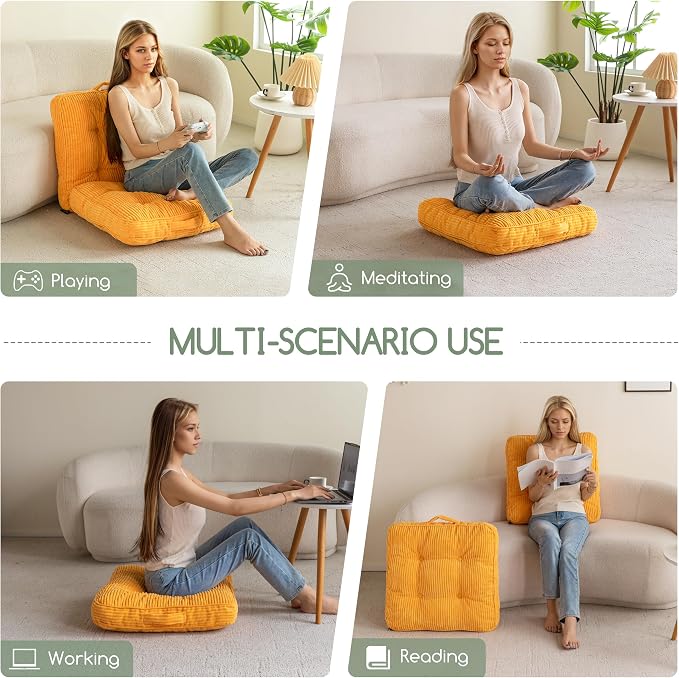 HIGOGOGO Floor Pillow Cushion for Adults, Meditation Cushion Pillow, Large Square Floor Sitting, Tufted Corduroy Cover, for Tatami Living Room or Yoga, 22x22 Inch, 2Pack, Orange