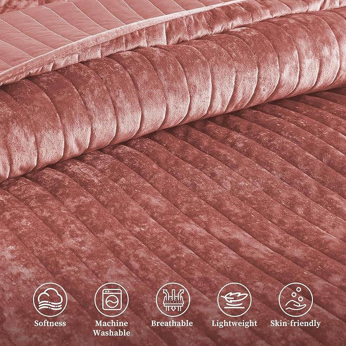 Luxury Soft Velvet Quilt Set Queen Size - Lightweight Velvet Bedding Set for All Season, Oversized Bedspread Coverlet Comforter Set with 2 Pillow Shams, Pink, Striped