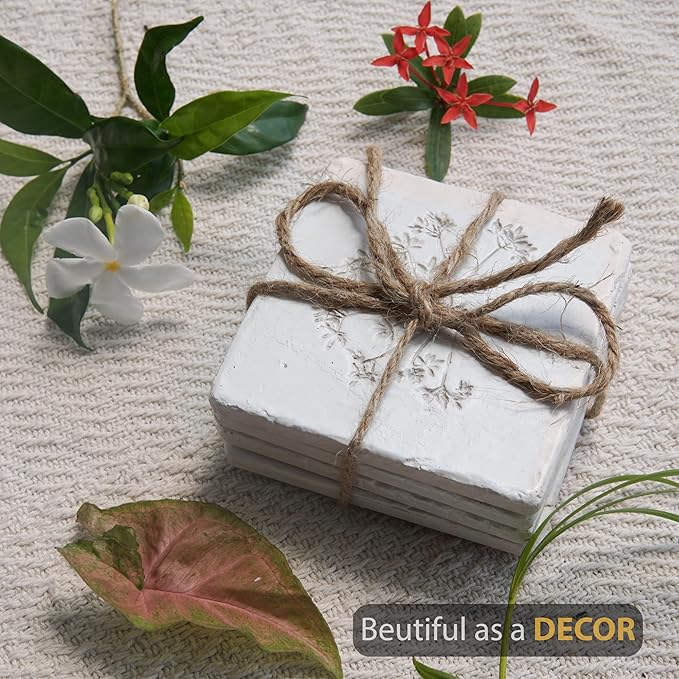 Ceramic Coasters Set of 4 – White Vintage Engraved Flower Design, Non-Slip Cork Base Coasters for Coffee Table, Bar & Home Decor