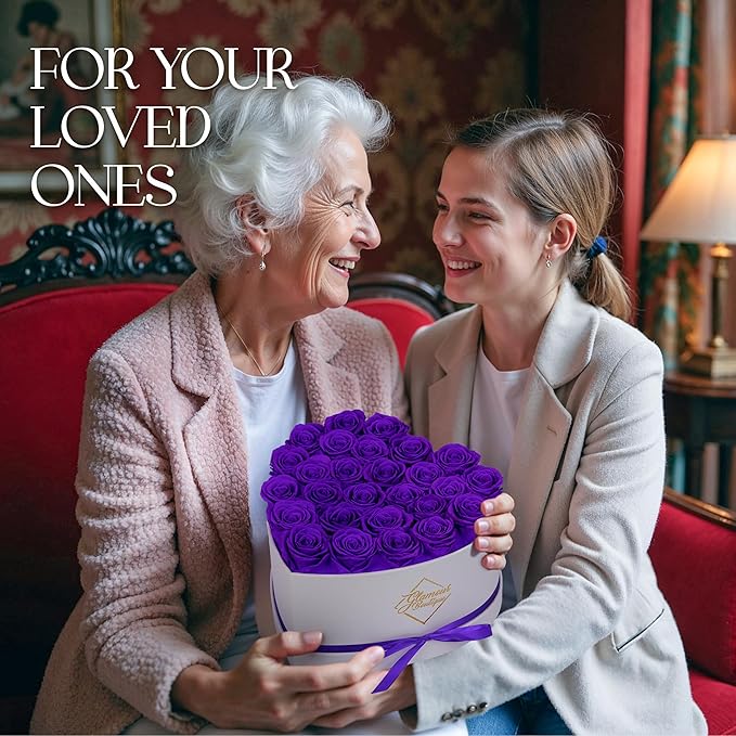 GLAMOUR BOUTIQUE Preserved Roses in a Box - Gifts for Her, Wife & Mom, Rose Flowers Forever Decor for Birthday Gift, Get Well Flower Bouquet Cased in White Box with Cover - Purple - 27 (Color-Treated)