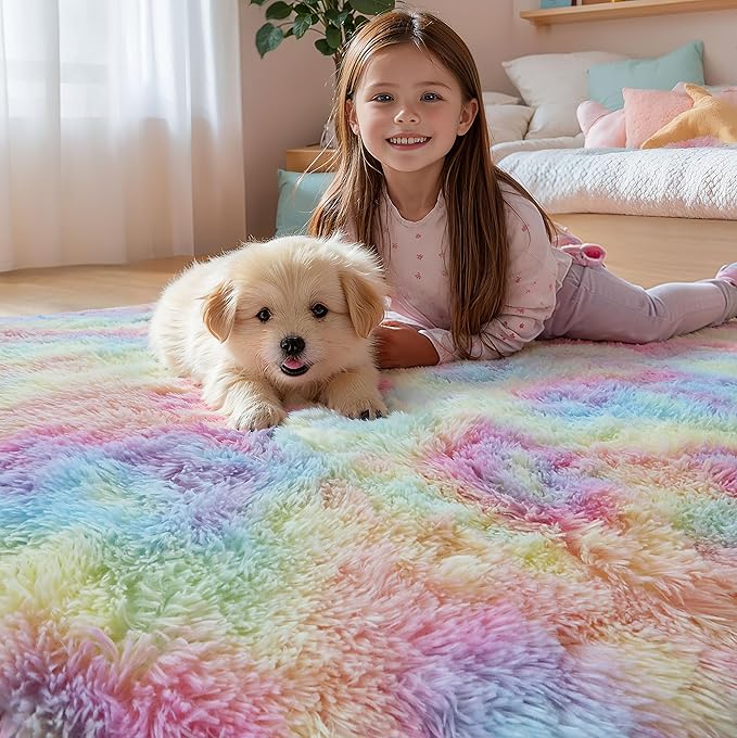 5x8 Rainbow Shaggy Unicorn Kids Rug for Girls Bedroom, Fluffy Fuzzy Soft Shag Princess Area Rugs for Living Room, Pastel Plush Washable Non-Slip Carpet for Nursery, Teens Boys Dorm Toddler Room