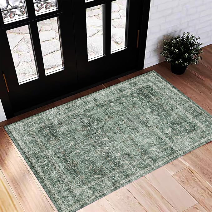 CHAMPLANT Washable Area Rug 2'x3' Door Mat Vintage Distressed Doormat Indoor Entrance Traditional Thin Rug Floral Print Non Slip Carpet for Kitchen Bathroom Bedroom Living Room