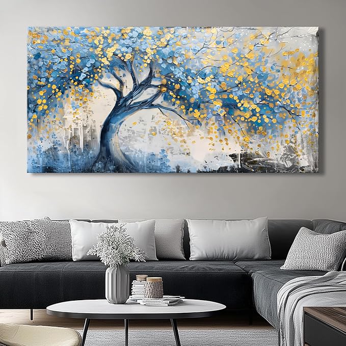 Wall Art Tree of blue Life Abstract Canvas Painting Textured Picture, Modern Landscape Artwork Framed for Living Room Bedroom Bathroom Office Home Decor 40x20in