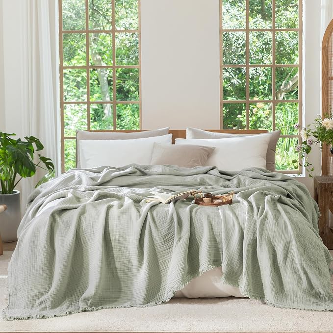 MooMee Muslin Blanket - 100% Cotton 4-Layer Gauze Throw Blanket with All-Around Fringe, Soft Breathable Lightweight Cooling Summer Blankets for Bed Couch(Sage Green, Queen 90" x 90")