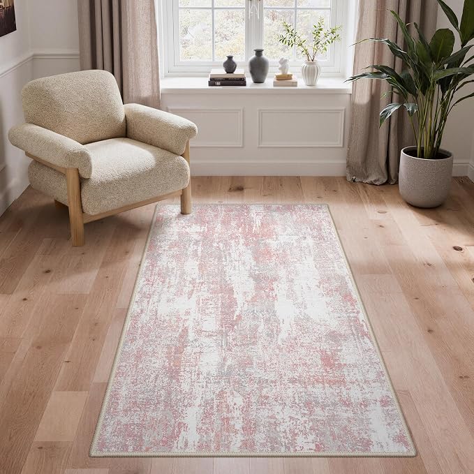 BEIMO Area Rugs 3x5 for Living Room Bedroom, Modern Abstract Machine Washable Rug, Soft Low Pile Floor Carpet with Non Slip Backing for Entryway, Pink/Grey