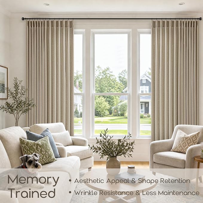 Extra Wide Pinch Pleated Linen Curtains 108 Inch 1 Panel Long for Living Room Patio Sliding Door 70 Inch Width Semi Sheer Privacy Pleat Curtains with Hooks Rings Retro Burlywood Birch Back Tab Drapes