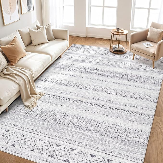 cotiled 10x14 Area Rug Living Room: Washable Boho Rugs with Non Slip Backing Large Soft Indoor Stain Resistant Carpet for Bedroom Farmhouse Dining Room Lightweight Home Decor Dark Grey