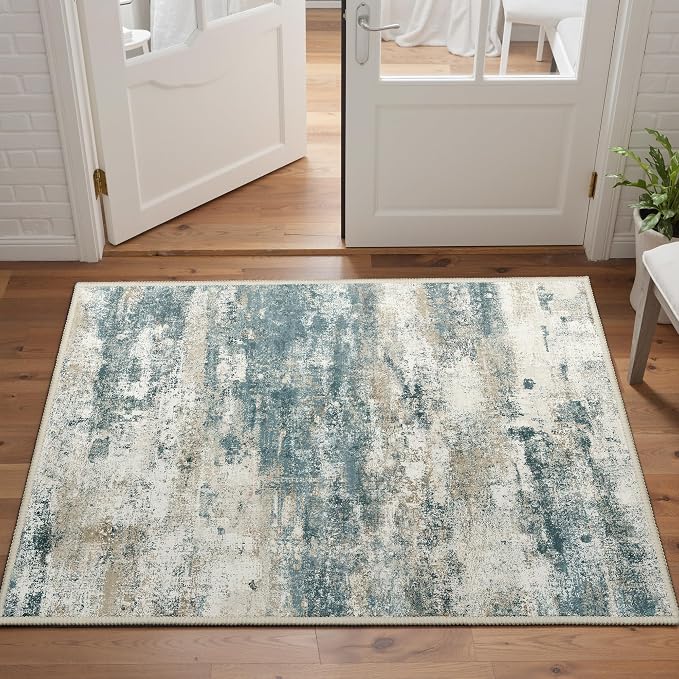 BEIMO 2x3 Rugs for Entryway Entrance Kitchen Bathroom, Machine Washable Modern Abstract Soft Area Rug, Low Pile Indoor Floor Carpet with Non Slip Backing, Navy Beige