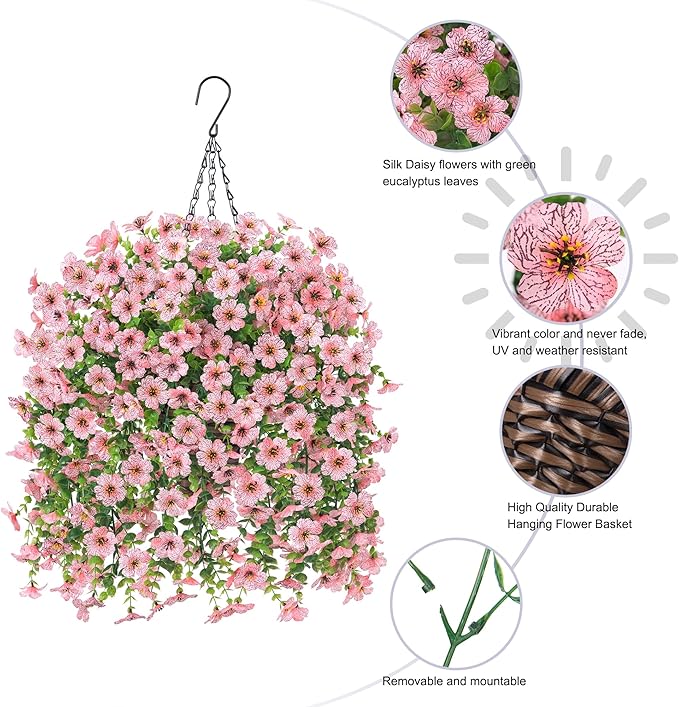 HyeFlora Artificial Hanging Flowers Basket for Outdoor, Fake Flowers Faux Plants Look Real for Yard Gardens Porch Patio Home (Pink)