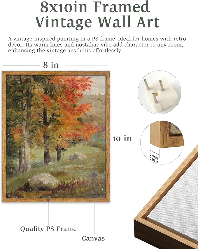UPWOIGH 8x10 Framed Autumn Tree Landscape Wall Art | Oil Painting Canvas Print, Vintage Fall Forest Scene, Retro Moody Décor, Living Room Accent