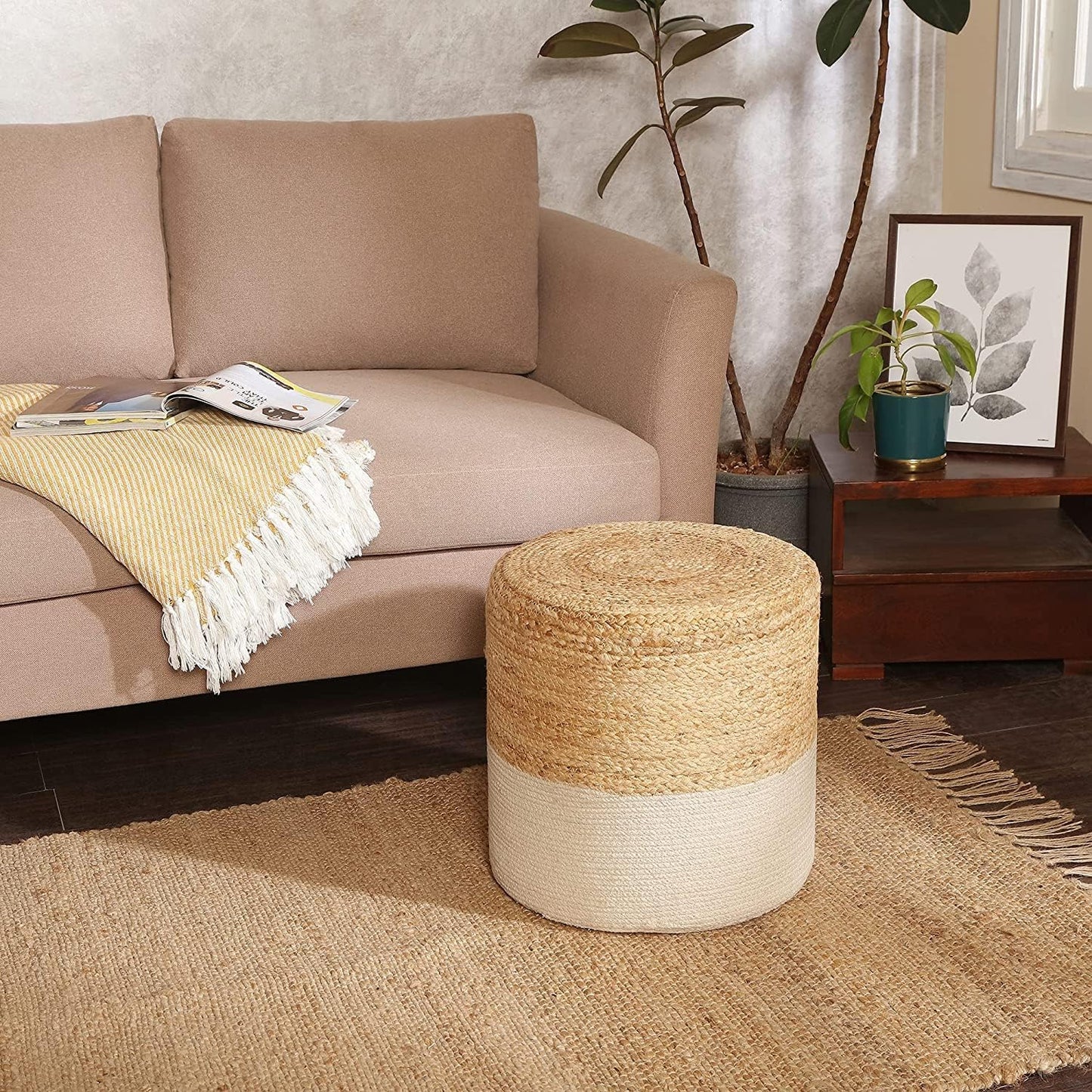 REDEARTH · Cylindrical Pouf Foot Stool Ottoman - Jute Braided Accent Sitting Footrest for The Living Room, Bedroom, Nursery, Patio, Lounge Set of 2 (14.5”x14.5”x16”; Natural Ivory)
