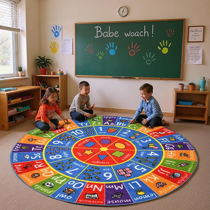 KC Cubs Educational Kids Rug – ABC Alphabet, 123 Numbers & Shapes Learning Mat – Soft Interactive Carpet for Classroom, Playroom & Bedroom 6' 6" Round