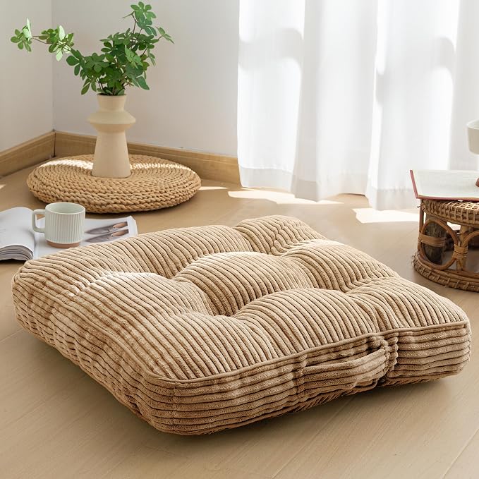 HIGOGOGO Floor Pillow Cushion for Adults, Meditation Cushion Pillow, Large Square Floor Sitting, Tufted Corduroy Cover, for Tatami Living Room or Yoga, 22x22 Inch, Coffee