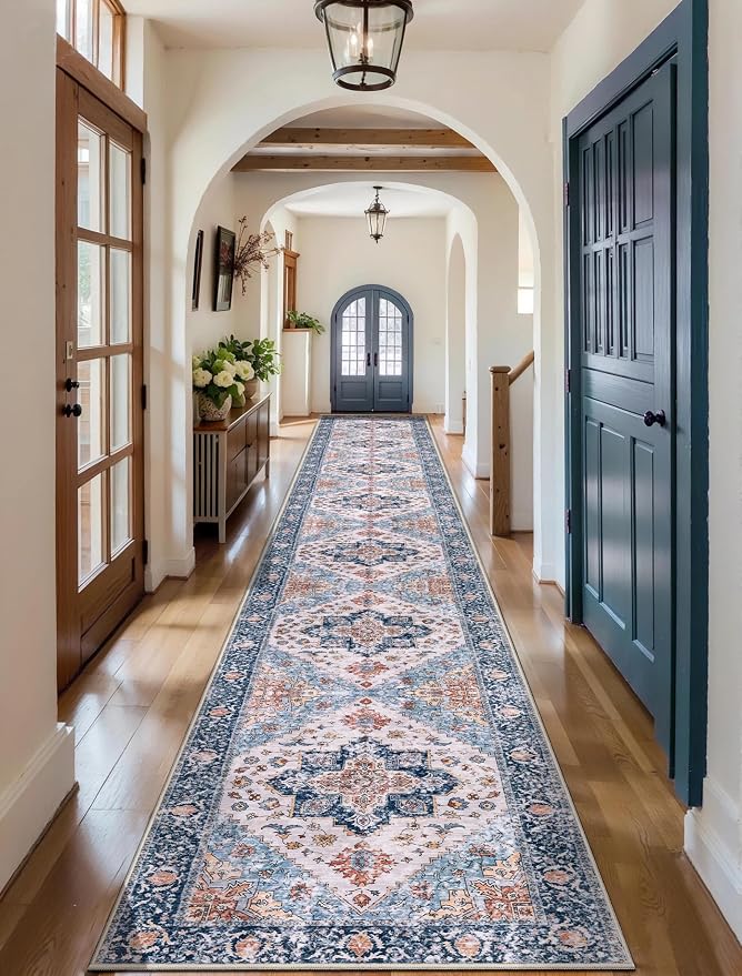 SERISSA Runner Rug for Hallways, 2'6"x16' Washable Non Slip Kitchen Runner Rug, Extra Long Boho Rug Ultra Soft Vintage Blue Orange Print Floor Carpet for Bedroom Hallway Entryway Bathroom Laundry Room