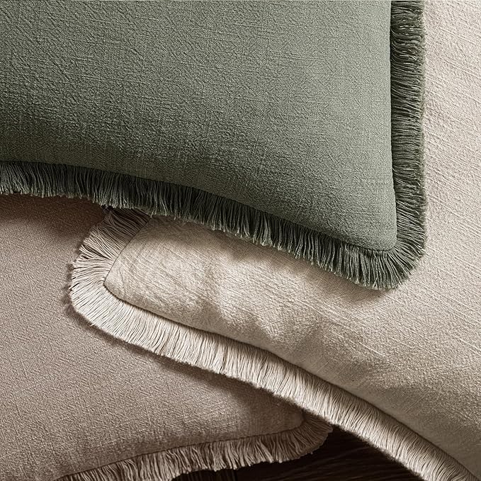 MIULEE Decorative Throw Pillow Covers Neutral Linen Fringe Throw Pillows Set of 2 Dune Boho Farmhouse Cushion Covers with Tassels for Couch Sofa Bed Living Room Spring Decor 20x20 Inch