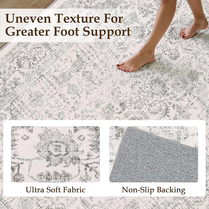 PureCozy Gray Area Rug 6x9 Soft Washable Vintage Living Room Distressed Non Slip Carpet Traditional Indoor Bedroom Grey Retro Floral Accent Throw Large Rug for Office Kitchen Dining Room