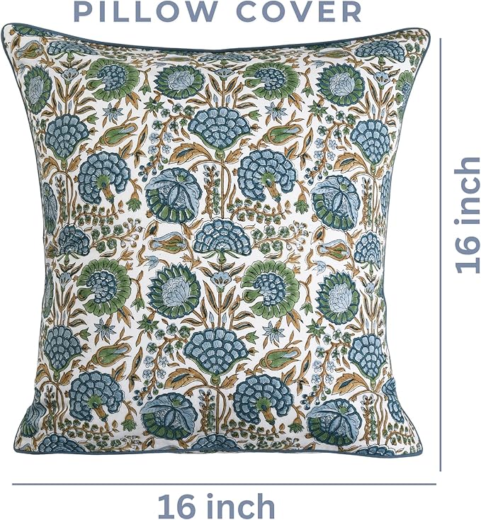 Ridhi Block Print Asparagus Green Pillow Cover 16" x 16" (Pack of 2) Decorative Couch Pillows for Living Room, Chic Boho Cute Outdoor Pillows Covers Gifts for Spring, Easter and Valentine