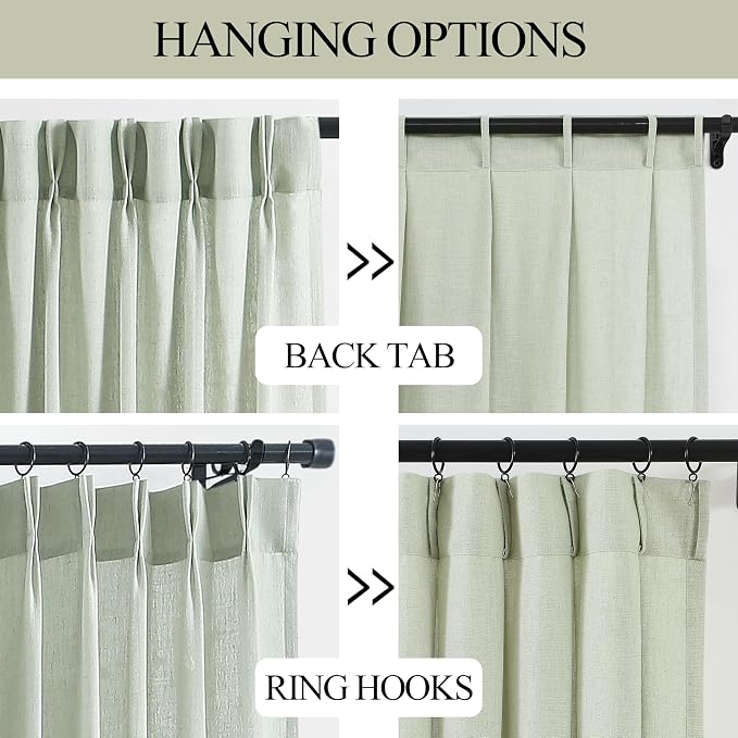 Vision Home Soft Green Pinch Pleated Semi Sheer Curtains Textured Linen Blended Light Filtering Window Curtains 72 inch for Living Room Bedroom Patio Pinch Pleat Drapes with Hooks 1 Panel 60" Wx72 L