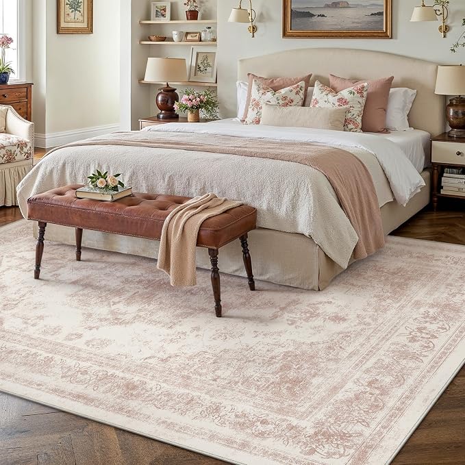 PureCozy Washable Rug 6x9 Area Rug for Living Room Pink Vintage Boho Medallion Large Distressed Retro Carpet Non Slip Indoor Low Pile Small Soft Bedroom Dining Room Home Office